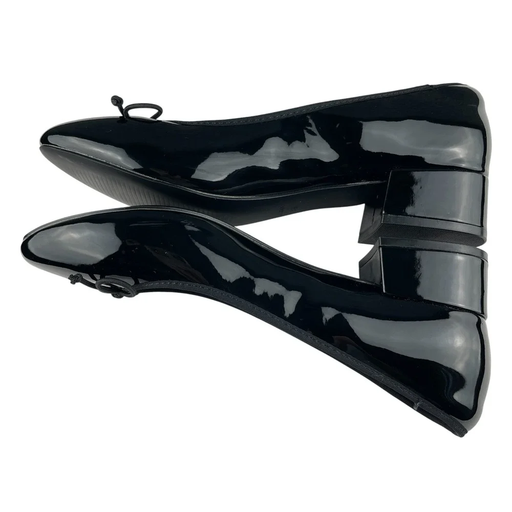 Jenn Ardor Women's Ballet Pumps Size 9.5 Black Patent Bow Slip On Low Block Heel